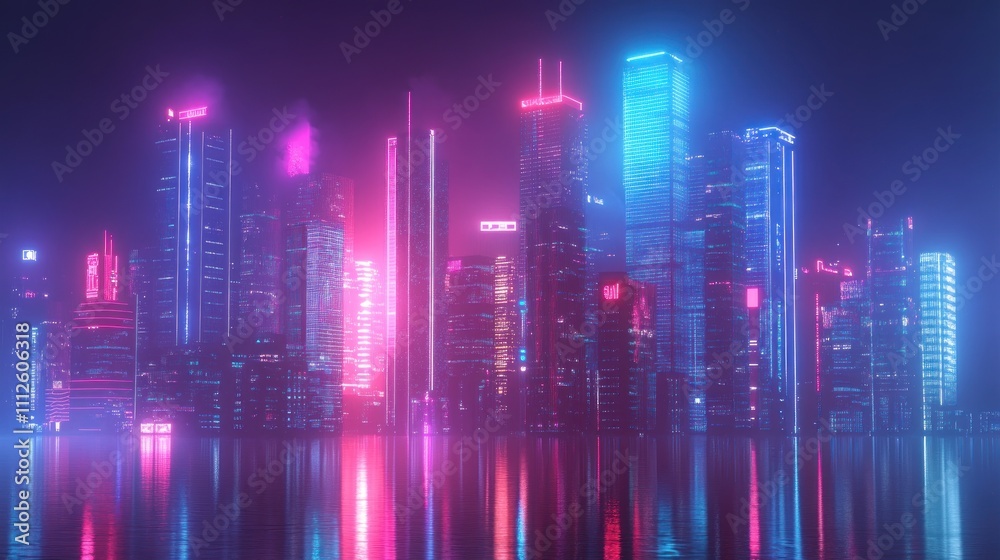A futuristic city skyline illuminated by neon electric lights. A futuristic city skyline illuminated by neon electric lights.