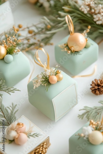 A bunch of small boxes with ornaments on them sitting on a table photo