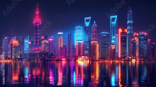 A futuristic city skyline illuminated by neon electric lights.