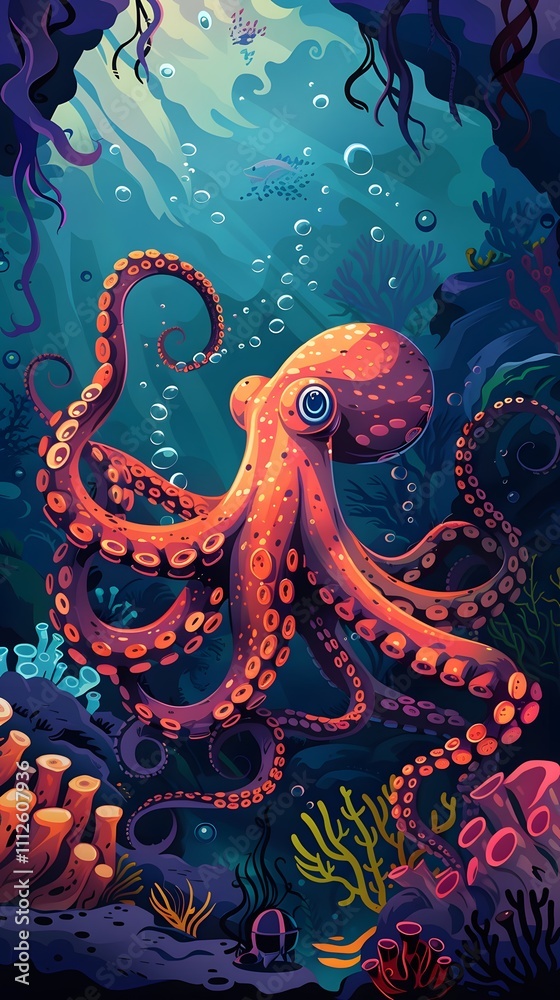 Fototapeta premium Octopus and beautiful underwater scenery, Underwater Scene with Incredible Commotion of an Octopus