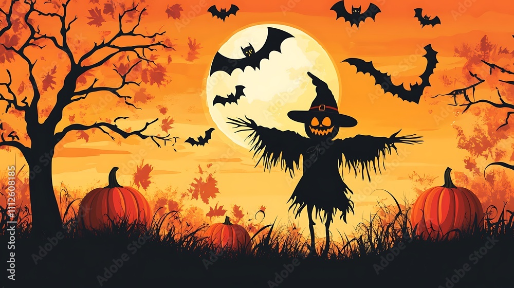 Spooky Pumpkin Patch with Scarecrow and Bats on Autumn Landscape Spooky Pumpkin Patch with Scarecrow and Bats on Autumn Landscape