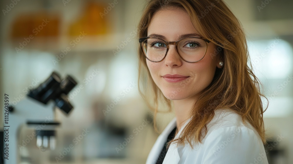 A scientist in a lab coat poses confidently beside a microscope. A scientist in a lab coat poses confidently beside a microscope.