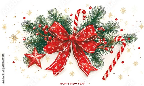 Christmas and Happy New Year greeting card with a red ribbon, bow, candy cane, pine branches, and star decoration on a white background. Greeting text reads 
