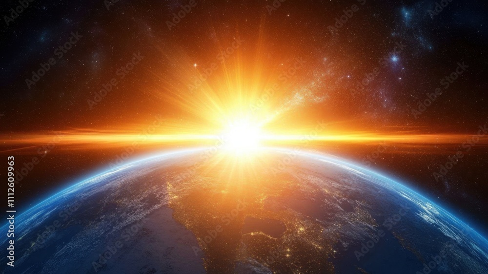 Planet earth rotating in space with sun shining from behind with sunrise behind the planet, background showcase continents and a starry sky Planet earth rotating in space with sun shining from behind with sunrise behind the planet, background showcase continents and a starry sky