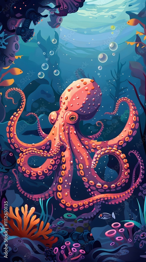 Octopus and beautiful underwater scenery, Underwater Scene with Incredible Commotion of an Octopus