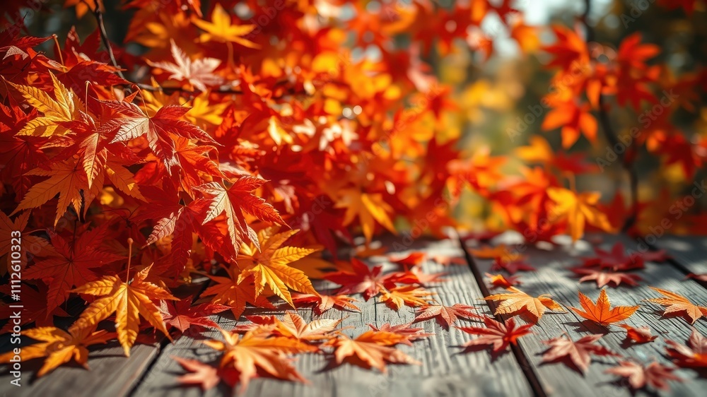 Autumnal Leaves Cascade Onto a Weathered Wooden Surface, Creating a Tapestry of Warm Colors and Natural Beauty. Autumnal Leaves Cascade Onto a Weathered Wooden Surface, Creating a Tapestry of Warm Colors and Natural Beauty.
