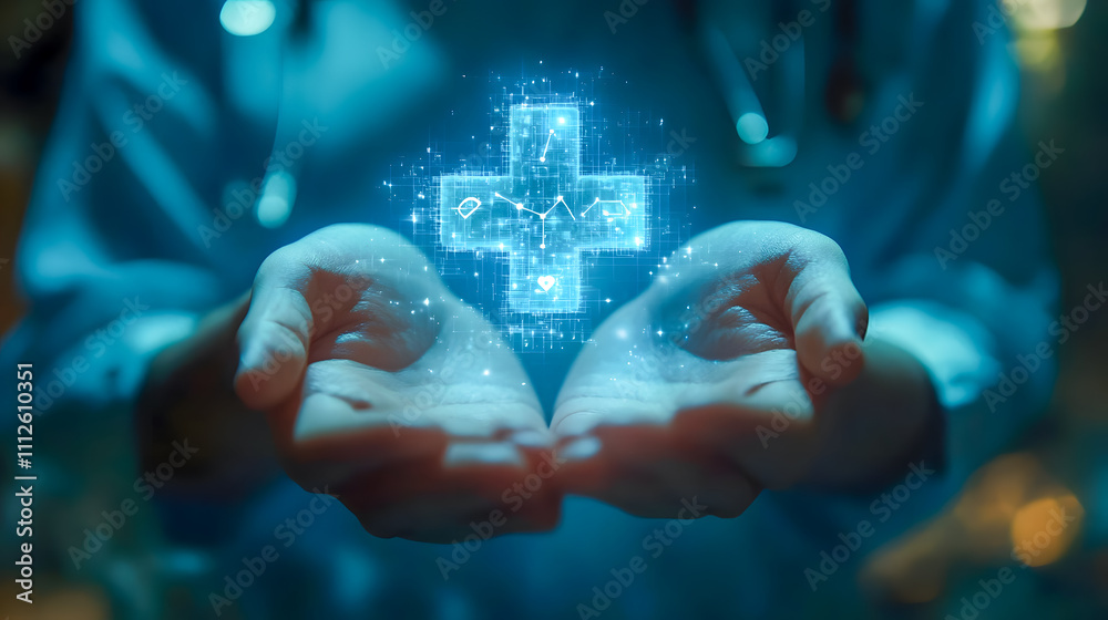 Digital Healthcare Innovation Concept Represented by Holographic Medical Cross in Hands of Doctor with Blue Medical Scrubs Digital Healthcare Innovation Concept Represented by Holographic Medical Cross in Hands of Doctor with Blue Medical Scrubs