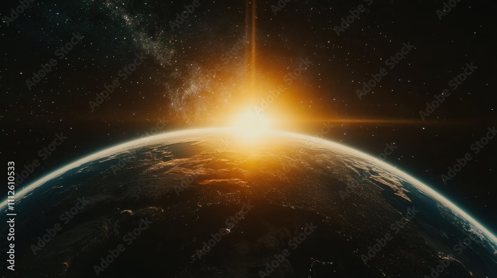 Planet earth rotating in space with sun shining from behind with sunrise behind the planet, background showcase continents and a starry sky Planet earth rotating in space with sun shining from behind with sunrise behind the planet, background showcase continents and a starry sky