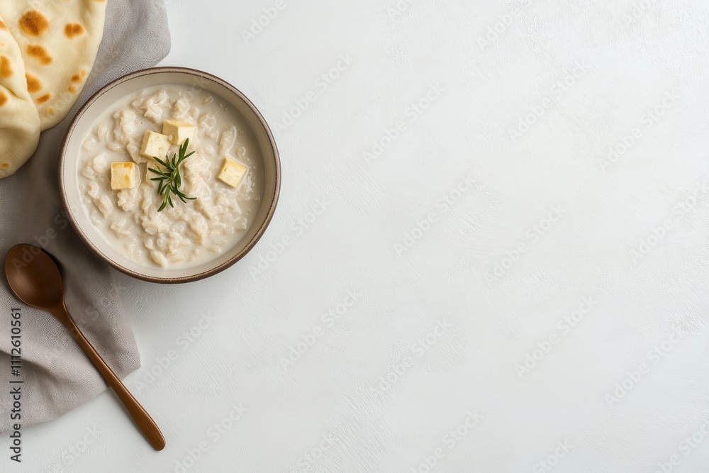 Minimalist photo of a bowl of Indian paneer curry in creamy milk-based gravy, accompanied by naan bread on the side. The composition features ample copy space, perfect for text or branding overlays Minimalist photo of a bowl of Indian paneer curry in creamy milk-based gravy, accompanied by naan bread on the side. The composition features ample copy space, perfect for text or branding overlays