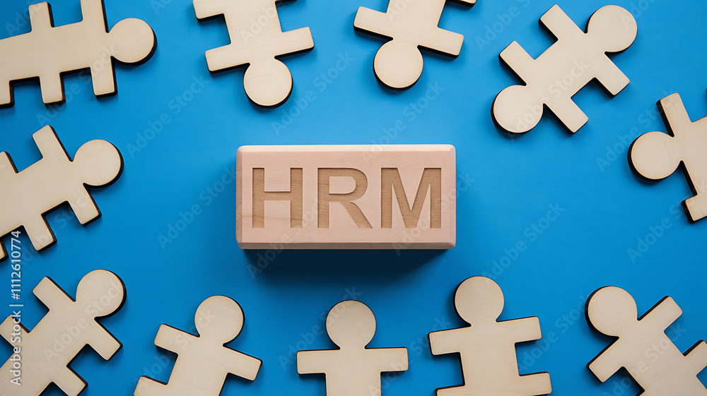 HRM: Human Resources Management, Employee Engagement, Recruitment, and Organizational Growth, human resources management concept. Wooden figures on the blue background, hrm copy space, hrm background HRM: Human Resources Management, Employee Engagement, Recruitment, and Organizational Growth, human resources management concept. Wooden figures on the blue background, hrm copy space, hrm background