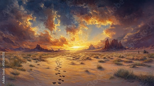 Wallpaper Mural A serene desert scene with footprints leading to a distant oasis Torontodigital.ca