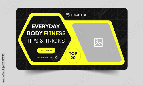 Creative body fitness video cover banner design, workout plan tips and tricks video thumbnail banner design, fully editable vector eps 10 file format