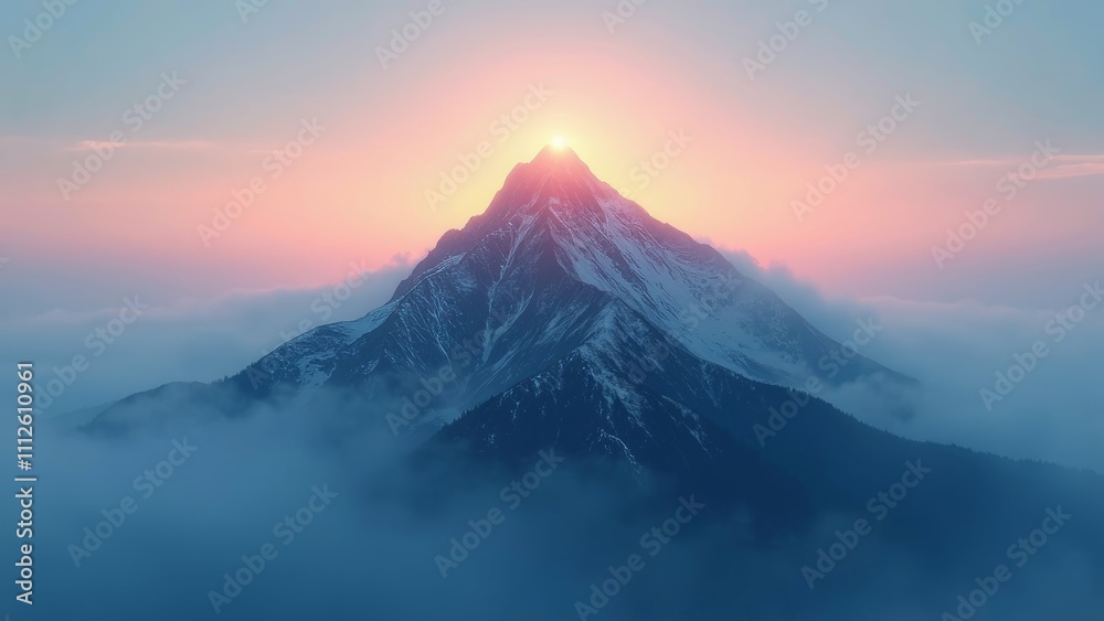 Serene mountain peak at dawn, bathed in warm sunlight and encapsulated by soft mist, peaceful nature scene Serene mountain peak at dawn, bathed in warm sunlight and encapsulated by soft mist, peaceful nature scene