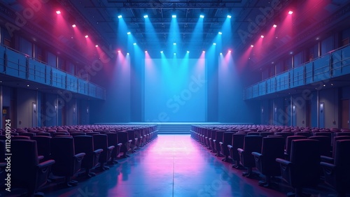 Futuristic tech conference hall illuminated with color lights and stage view