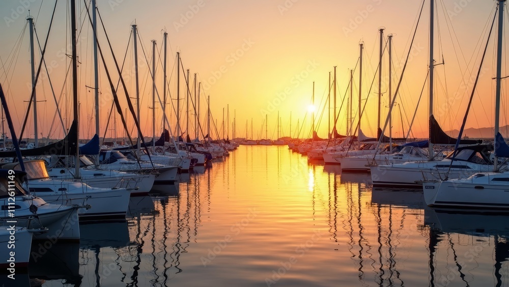 Fototapeta premium Serene marina with moored sailboats reflecting warm sunset hues in calm water, perfect for romantic getaways