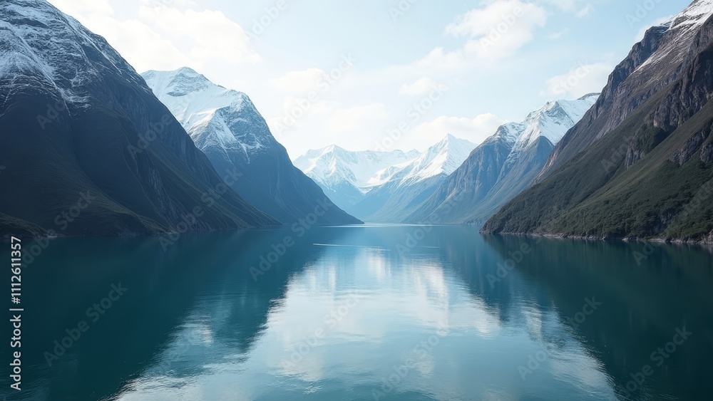 Majestic fjord view featuring towering cliffs and clear blue-green waters with a peaceful atmosphere Majestic fjord view featuring towering cliffs and clear blue-green waters with a peaceful atmosphere