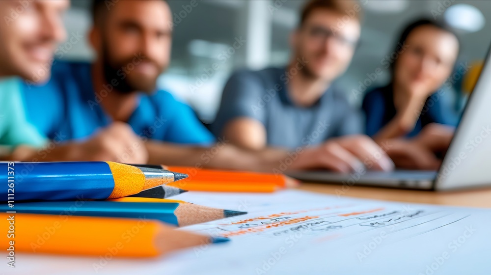 A group of people sitting around a table with a laptop and pencils A group of people sitting around a table with a laptop and pencils