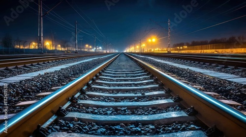 Night view of railway tracks stretching into the distance.