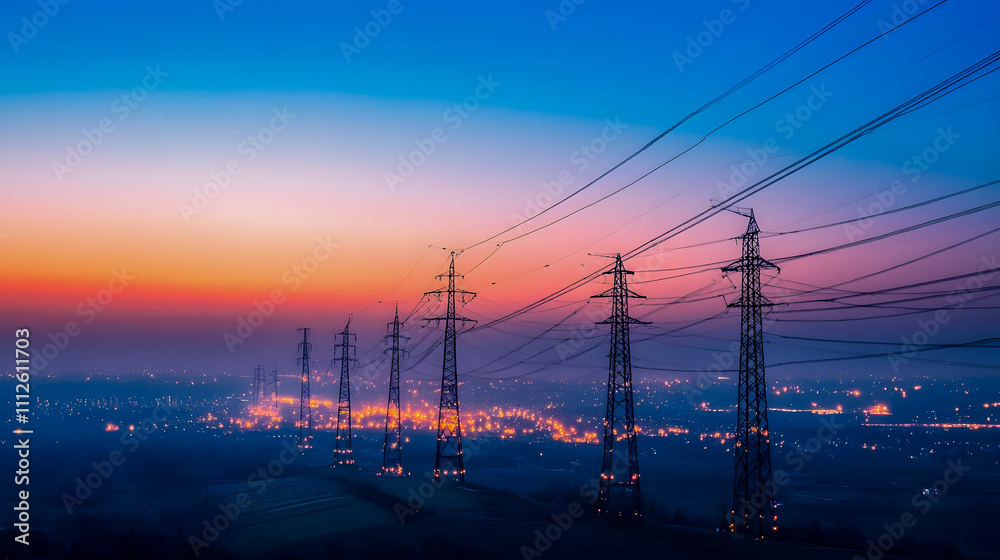 Scenic Sunset View of Electric Power Lines Against Vibrant Sky with City Lights in Background Scenic Sunset View of Electric Power Lines Against Vibrant Sky with City Lights in Background