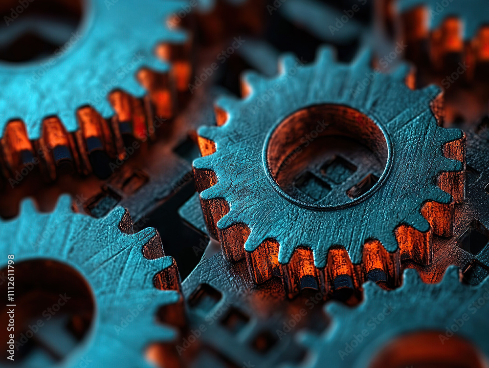Close up of metallic gears with textured surface, showcasing intricate details and vibrant color contrast. gears symbolize industry and innovation Close up of metallic gears with textured surface, showcasing intricate details and vibrant color contrast. gears symbolize industry and innovation