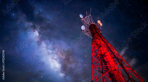 Stunning Night Sky with Milky Way Galaxy and Red Communication Tower in Vibrant Display of Stars and Cosmic Beauty