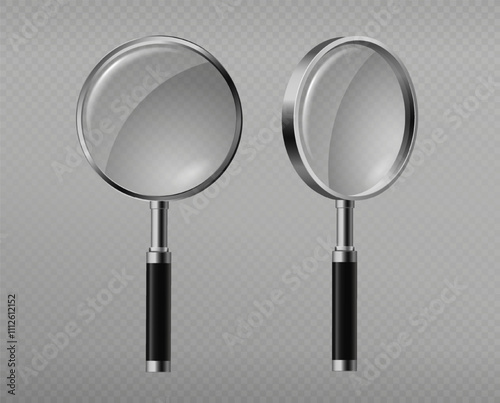 Realistic magnifying glass. Pack of loupes. Lens for scientific experiments and researching, inspections. Zoom and magnification. 3D vector illustration