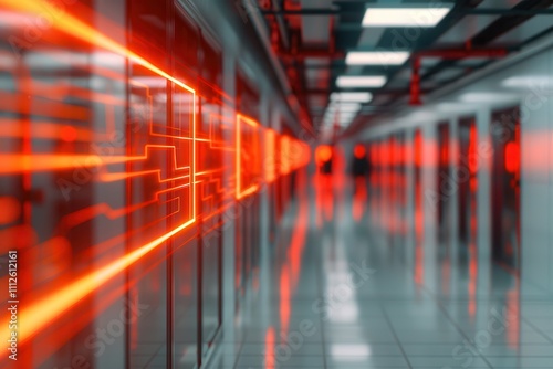 Fire alarms trigger evacuation response. Digital corridor with red light effects photo