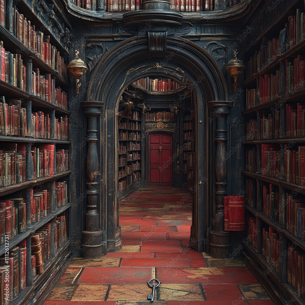 A grand library corridor lined with red books, featuring an ornate archway and a red door.