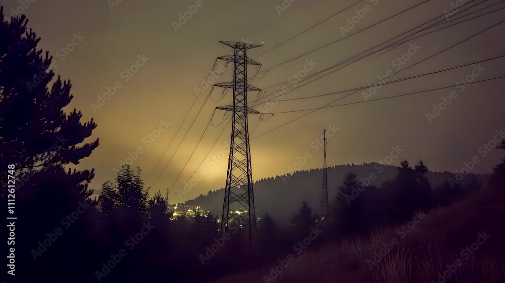 Fototapeta premium Power Lines Against a Twilit Sky with Distant City Lights, Silhouetted Trees, and Soft Glowing Background