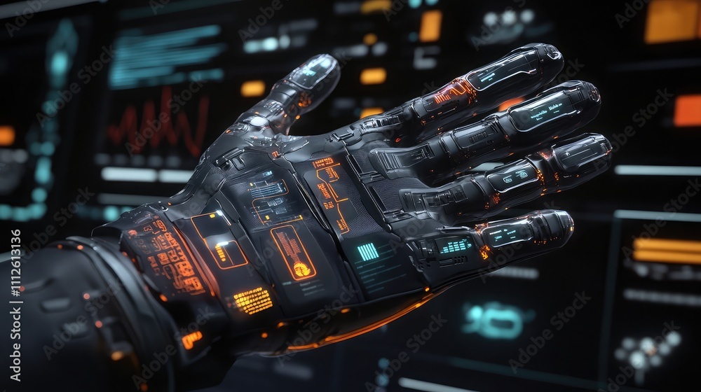 Fototapeta premium A 3D rendering of futuristic surgical gloves with interactive data overlays