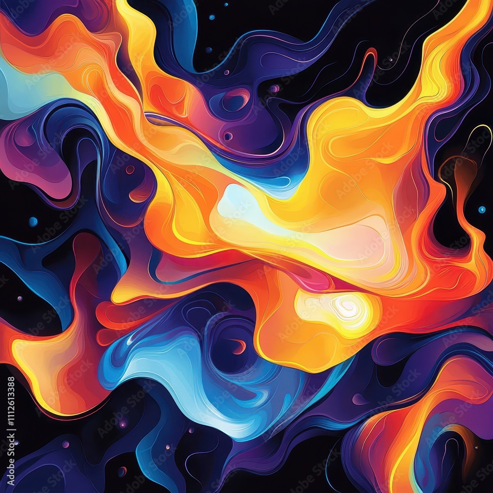 Multi-color flames, flowing shapes, black background, vivid and abstract fire illustration. Multi-color flames, flowing shapes, black background, vivid and abstract fire illustration.