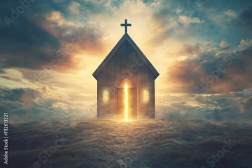 A country church on a hill with light shining out of the door and windows