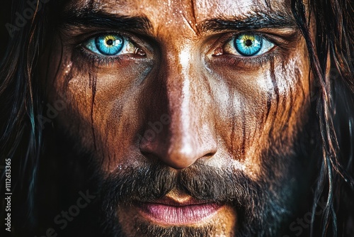 A close up portrait of Jesus Christ looking with longing eyes