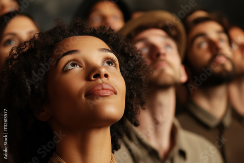 People of different ethnicities looking up with hope and anticipation