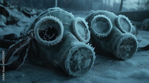 Frozen gas masks in desolate landscape - chilling depiction of nuclear warfare photo