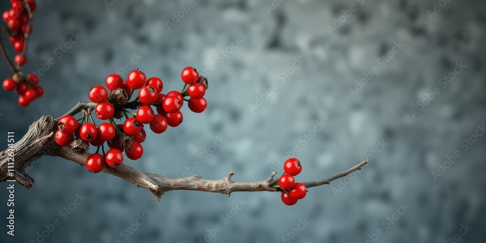 A solitary branch adorned with vibrant red berries, a stark contrast against a backdrop of soft, hazy gray, evokes a sense of serenity and delicate beauty. A solitary branch adorned with vibrant red berries, a stark contrast against a backdrop of soft, hazy gray, evokes a sense of serenity and delicate beauty.