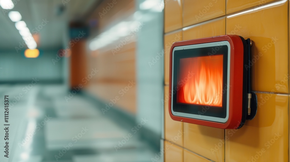 Fire alarms trigger evacuation response. Fire alarm on tiled wall in subway station Fire alarms trigger evacuation response. Fire alarm on tiled wall in subway station