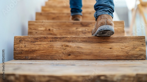 Close-up of a foot on wooden stairs. photo