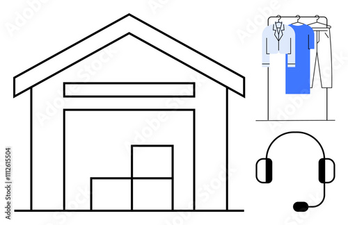 Warehouse with boxes, customer support headset, clothing on hangers. Ideal for logistics, inventory, online shopping, customer service, fashion retail call centers supply chain. Line metaphor