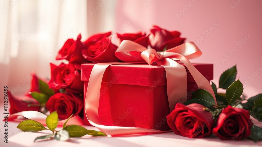 A red gift box adorned with a delicate pink bow, surrounded by a vibrant bouquet of crimson roses, a romantic gesture of love and affection. A red gift box adorned with a delicate pink bow, surrounded by a vibrant bouquet of crimson roses, a romantic gesture of love and affection.