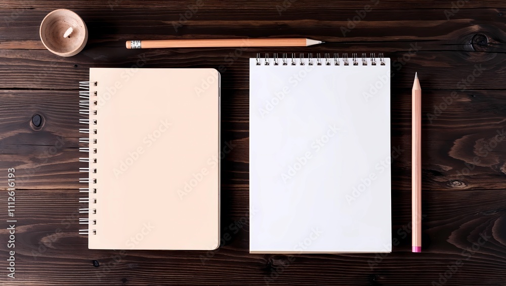 Top above overhead view flat lay photo of a blank notebook and wooden pencil beside isolated on wooden background with copyspace Top above overhead view flat lay photo of a blank notebook and wooden pencil beside isolated on wooden background with copyspace