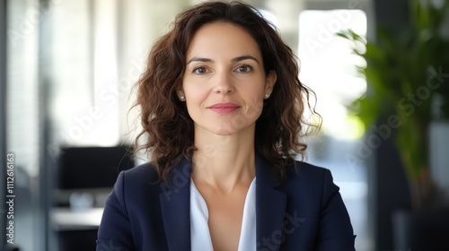 Confident Businesswoman with Curly Hair in Modern Office Setting