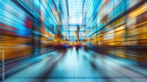 A blurred view of a modern, vibrant urban space with people moving.
