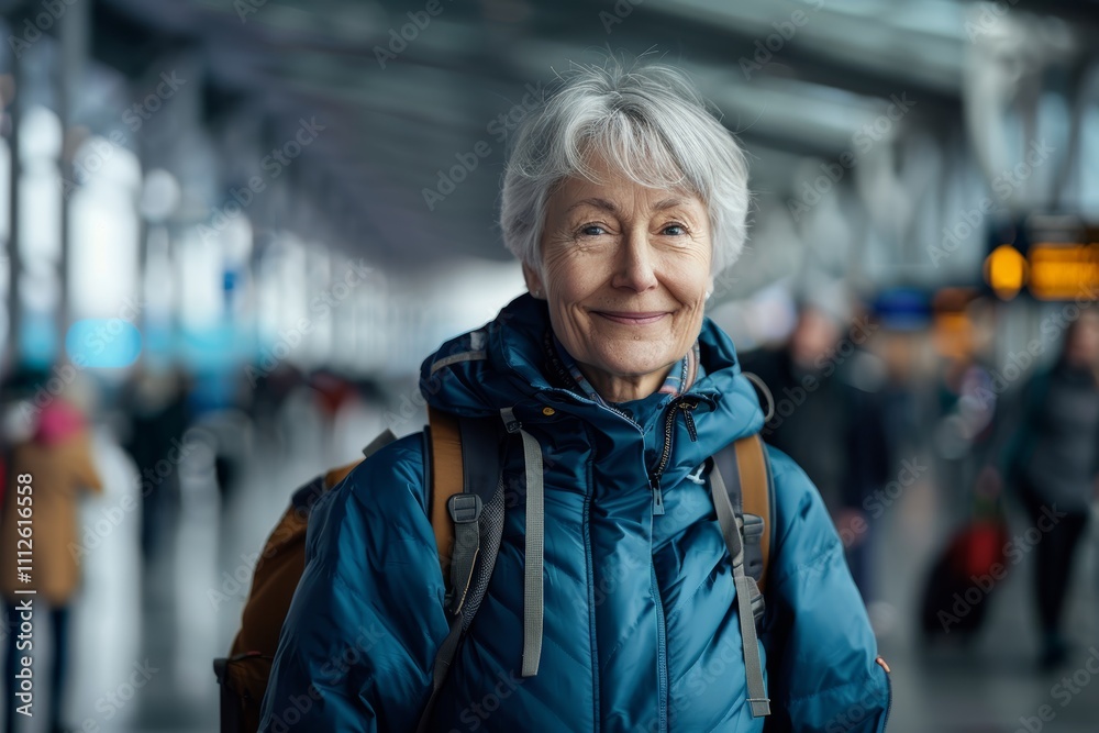 Portrait of a happy caucasian woman in her 60s wearing a functional windbreaker over busy airport terminal Portrait of a happy caucasian woman in her 60s wearing a functional windbreaker over busy airport terminal