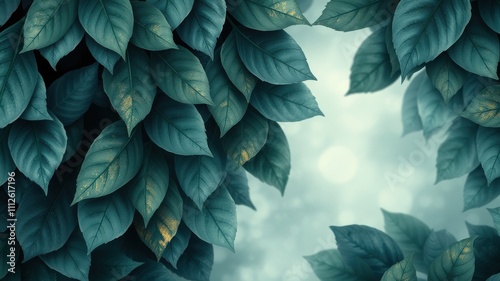 Wallpaper Mural A dreamy, ethereal vista framed by lush, teal leaves with subtle golden accents, evoking a sense of tranquility and natural beauty. Torontodigital.ca