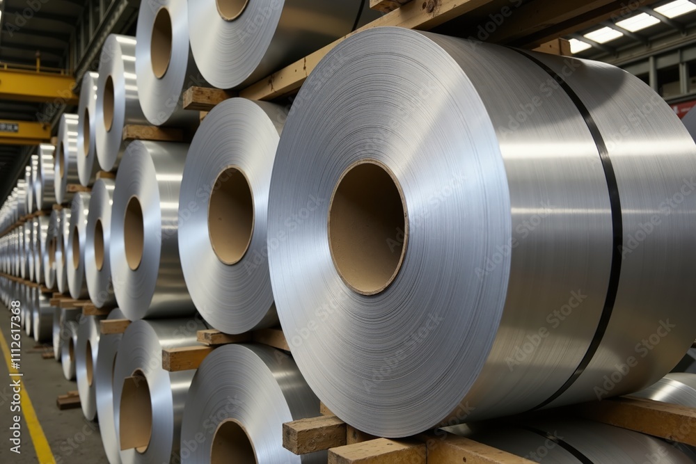 Industrial steel rolls in warehouse: manufacturing and supply chain infrastructure. Industrial steel rolls in warehouse: manufacturing and supply chain infrastructure.