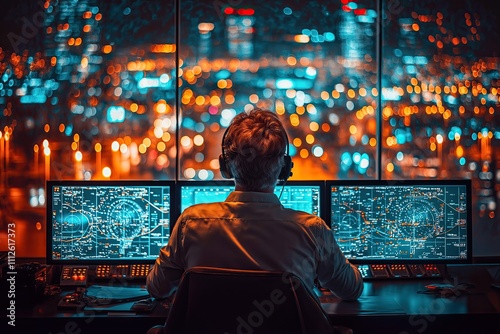International Civil Aviation Day. A Close-up of an Air Traffic Controller Speaking into a Headset, Illuminated Radar and Control Panels