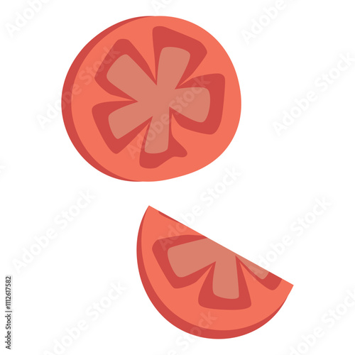 Tomato slice with seeds. Cut piece of fresh raw red vegetable. Veggie food, cross section, top view.
