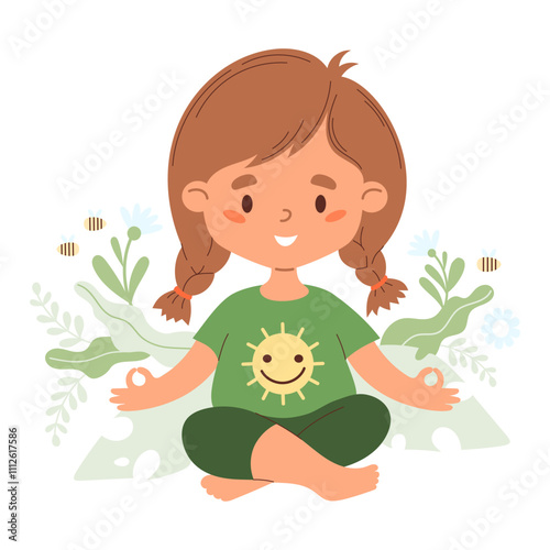 Happy girl with braids hairstyle meditating sitting in asana with nature and flowers. Concept beneficial effects of environment, Hobbies, sports, healthy lifestyle. Vector illustration