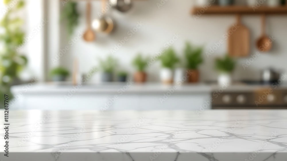 A marble countertop with blurred of a bright, modern kitchen.The soft focus on the interior background highlights.making it ideal for showcasing kitchen-related products A marble countertop with blurred of a bright, modern kitchen.The soft focus on the interior background highlights.making it ideal for showcasing kitchen-related products